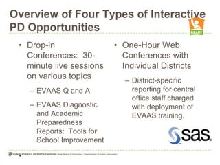 Overview of Four Types of Interactive
PD Opportunities
 • Drop-in                  • One-Hour Web
   Conferences: 30-           Conferences with
   minute live sessions       Individual Districts
   on various topics           – District-specific
     – EVAAS Q and A             reporting for central
                                 office staff charged
     – EVAAS Diagnostic          with deployment of
       and Academic              EVAAS training.
       Preparedness
       Reports: Tools for
       School Improvement

 •
 