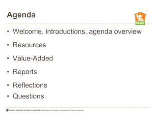 Agenda

• Welcome, introductions, agenda overview
• Resources
• Value-Added
• Reports
• Reflections
• Questions
 