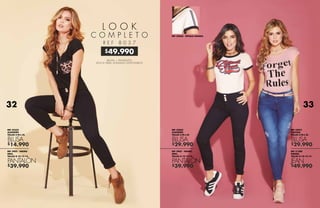 $49.990
$14.990
$39.990
$29.990
$39.990 $49.990
$29.990
L O O K
C O M P L E T O
R E F 8 0 3 7
REF 42332
ALGODÓN
TALLAS S-M-L-XL
REF 3902 - NEGRO
DRILL
TALLAS 8-10-12-14
BLUSA
PANTALÓN
REF 42850
ALGODÓN
TALLAS S-M-L-XL
REF 3902 - NEGRO
DRILL
TALLAS 8-10-12-14
BLUSA
PANTALÓN
REF 42821
VISCOSA
TALLAS S-M-L-XL
REF 31200
ÍNDIGO
TALLAS 8-10-12-14
BLUSA
JEAN
REF 42850 - DETALLE MANGA
BLUSA + PANTALÓN
APLICA PARA UNIDADES DISPONIBLES
32 33
 