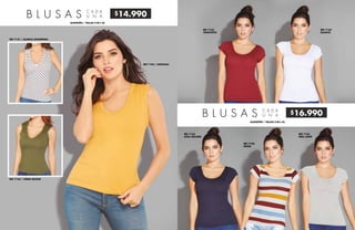 $14.990
$16.990
B L U S A S C A D A
U N A
ALGODÓN / TALLAS S-M-L-XL
REF 7121 / BLANCA ESTAMPADA
REF 7123 / VERDE MILITAR
REF 7182 / MOSTAZA
B L U S A S C A D A
U N A
ALGODÓN / TALLAS S-M-L-XL
REF 7163
VINOTINTO
REF 7163
AZUL OSCURO
REF 7163
GRIS JASPE
REF 7163
BLANCO
REF 7196
RAYAS
 