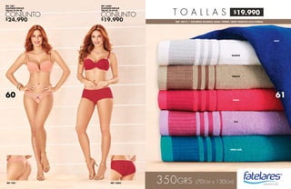 $24.990 $19.990
$19.990
REF 1981
ELASTANO-ENCAJE
TALLAS 32-34-36
REF 12403
ELASTANO-ENCAJE
TALLAS 32-34-36
CONJUNTO CONJUNTO
REF 1981 REF 12403
BLANCO
TABACO
CORAL
LILA
VERDE JADE
AZUL
T O A L L A S
REF 3012 / COLORES BLANCA-AZUL-VERDE JADE-TABACO-LILA-CORAL
6160
 