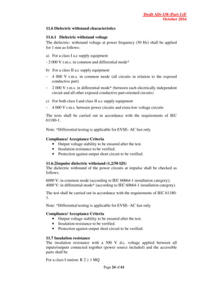 Draft AIS-138 (Part 1)/F
October 2016
Page 24 of 61
11.6 Dielectric withstand characteristics
11.6.1 Dielectric withstand voltage
The dielectric- withstand voltage at power frequency (50 Hz) shall be applied
for 1 min as follows:
a) For a class I a.c supply equipment
- 2 000 V r.m.s. in common and differential mode*
b) For a class II a.c supply equipment
- 4 000 V r.m.s. in common mode (all circuits in relation to the exposed
conductive part)
- 2 000 V r.m.s. in differential mode* (between each electrically independent
circuit and all other exposed conductive part-oriented circuits)
c) For both class I and class II a.c supply equipment
- 4 000 V r.m.s. between power circuits and extra low voltage circuits
The tests shall be carried out in accordance with the requirements of IEC
61180-1.
Note: *Differential testing is applicable for EVSE- AC fast only
Compliance/ Acceptance Criteria
• Output voltage stability to be ensured after the test.
• Insulation resistance to be verified.
• Protection against output short circuit to be verified.
11.6.2Impulse dielectric withstand (1,2/50 IJS)
The dielectric withstand of the power circuits at impulse shall be checked as
follows:
6000 V: in common mode (according to IEC 60664-1 installation category);
4000 V: in differential mode* (according to IEC 60664-1 installation category).
The test shall be carried out in accordance with the requirements of IEC 61180-
1.
Note: *Differential testing is applicable for EVSE- AC fast only
Compliance/ Acceptance Criteria
• Output voltage stability to be ensured after the test.
• Insulation resistance to be verified.
• Protection against output short circuit to be verified.
11.7 Insulation resistance
The insulation resistance with a 500 V d.c. voltage applied between all
inputs/outputs connected together (power source included) and the accessible
parts shall be
For a class I station: R 2 ≥ 1 MQ
 