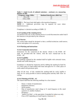 Draft AIS-138 (Part 1)/F
October 2016
Page 38 of 61
Table 3 : Limit Levels of radiated emissions – enclosure at a measuring
distance of 10m
Frequency range (MHz) Radiated Interference (dBuV/m)
30 to 230 30
230 to 1000 37
NOTE 1 - The lower limit shall apply at the transition frequency.
NOTE 2 - Additional provisions may be required for cases where
interferenceoccurs.
Compliance is checked according to CISPR 22
11.12 Latching of the retaining device
An interlock may rely on the retaining device to avoid disconnection under load if
this function is not provided by the connector.
11.13 Service
The socket-outlet should be designed so that a certified technician could remove,
service and replace it if is necessary.
11.14 Marking and instructions
11.14.1 Connection instructions
Instructions for the connection of the electric vehicle to the EVSE - AC
shall be provided with the vehicle, with the user's manual and on the
EVSE – AC.
11.14.2 Legibility
The markings required by this standard shall be legible with corrected vision,
durable and visible during use.
Compliance is checked by inspection and by rubbing the marking by hand for
15 s with a piece of cloth soaked with water and again for 15 s with a piece of
cloth soaked with petroleum spirit.
After all the tests of this standard, the marking shall be easily legible; it
shall not be easily possible to remove marking plates and they shall show no
curling.
11.14.3 Marking of EVSE - AC
The station shall bear the following markings in a clear manner:
- Name or initials of manufacturer;
- Equipment reference;
- Serial number;
- Date of manufacture; rated voltage in V; rated frequency in Hz; rated
current in A; number of phases;
- IP degrees;
- "Indoor Use Only", or the equivalent, if intended for indoor use only;
- Class of EV depending on Load Capacity (Annexure E)
 