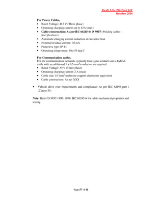 Draft AIS-138 (Part 1)/F
October 2016
Page 57 of 61
For Power Cables,
• Rated Voltage: 415 V (Three phase)
• Operating charging current: up to 63A (max)
• Cable construction: As perIEC 60245-6/ IS 9857 (Welding cables -
Specifications)
• Automatic charging current reduction at excessive heat
• Nominal residual current: 30 mA
• Protective type: IP 44
• Operating temperature: 0 to 55 deg C
For Communication cables,
For the communication demands, typically two signal contacts and a hybrid-
cable with an additional 1 x 0.5 mm² conductor are required.
• Rated Voltage: 30 V (Three phase)
• Operating charging current: 2 A (max)
• Cable size: 0.5 mm2
multicore copper/ aluminium equivalent
• Cable construction: As per XXX
• Vehicle drive over requirements and compliance: As per IEC 62196-part 1
(Clause 33)
Note: Refer IS 9857:1990: 1988/ IEC 60245-6 for cable mechanical properties and
testing
 