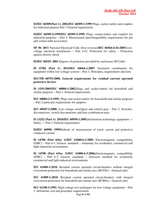 Draft AIS-138 (Part 1)/F
October 2016
Page 6 of 61
IS/IEC 60309(Part 1): 2002/IEC 60309-1:1999 Plugs, socket outlets and couplers
for industrial purpose Part 1 General requirements
IS/IEC 60309-2:1999/IEC 60309-2:1999, Plugs, socket-outlets and couplers for
industrial purposes – Part 2: Dimensional interchangeability requirements for pin
and contact-tube accessories
SP 30: 2011 National Electrical Code (first revision)/IEC 60364-4-41:2005,Low-
voltage electrical installations – Part 4-41: Protection for safety – Protection
against electric shock
IS/IEC 60529: 2001 Degrees of protection provided by enclosures (IP Code)
IS 15382 (Part 1): 2014/IEC 60664-1:2007, Insulation coordination for
equipment within low-voltage systems – Part 1: Principles, requirements and tests
IEC/TR 60755:2008, General requirements for residual current operated
protective devices
IS 1293:2005/IEC 60884-1:2002,Plugs and socket-outlets for household and
similar purposes – Part 1: General requirements
IEC 60884-2-5:1995, Plugs and socket-outlets for household and similar purposes
– Part 2 particular requirements for adaptors
IEC 60947-3:2008, Low-voltage switchgear and control gear – Part 3: Switches,
disconnectors, switch-disconnectors and fuse-combination units
IS 13252 (Part 1): 2010/IEC 60950-1:2005,Information technology equipment —
Safety — Part 1: General requirements
IS/IEC 60990: 1999Methods of measurement of touch current and protective
conductor current
IS 14700 (Part 6/Sec 1)/IEC 61000-6-1:2005, Electromagnetic compatibility
(EMC) – Part 6-1: Generic standards – Immunity for residential, commercial and
light-industrial environments
IS 14700 (Part 6/Sec 3)/IEC 61000-6-3:2006,Electromagnetic compatibility
(EMC) – Part 6-3: Generic standards – Emission standard for residential,
commercial and light-industrial environments
IEC 61008-1:2010, Residual current operated circuit-breakers without integral
overcurrent protection for household and similar uses (RCCBs) – General rules
IEC 61009-1:2010, Residual current operated circuit-breakers with integral
overcurrent protection for household and similar uses (RCBOs) – General rules
IEC 61180-1:1992, High-voltage test techniques for low-voltage equipment – Part
1: definitions, test and procedure requirements
 