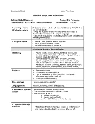 Coordinación bilingüe

Isabel Pérez Torres

Template to design a CLIL didactic unit
Subject: Global Classroom
Title of the Unit: WHO: World Health Organisation

Teacher: Eva Fernández
Course / Level
3º ESO

1. Learning outcomes
/ Evaluation criteria

To become familiar with the UN model and the role of the WHO in
our current society.
To help the students develop research skills and be able to
discriminate information in the English language.
To be able to discuss and debate about world health related topics
in the English language.

2. Subject Content

- The WHO and Universal Health Coverage
- The UN and its member countries
- Child mortality and how to prevent it.
3. Language Content / Communication

Vocabulary

-

-

Structures

-

Nouns: health, disease, famine, hardship, agency, set,
campaign, population, access, threats, surgery, challange,
shortcut, issue, development.
Verbs: to cope with, set, suffer, overcome, articulate,
organise, appoint, assess, determine, eradicate, prevent,
treat, run out of, issue, access, threat, develop, improve.
Adjectives: financial, unhealthy, healthy, global, discouraged,
natural, devastated, overpopulated, sustainable, political,
Passive structures
Enumerating and exemplifying
Logical connetions: adding information, contrasting
information, expressing result, etc.
Arguing and counterarguing.

Discourse type

- Argumentative and expository

Language skills

Reading, Listening, Writing and speaking.

4. Contextual (cultural) - National Health systems of UN countries
- Child and maternal health in the UN countries.
element
- Millenium goals 4, 5 & 6:
a. Reduce Child Mortality
b. Improve Maternal Health
c. Combat HIV/Malaria and other diseases

5. Cognitive (thinking)
processes

Knowledge: the students should be able to find and retain
information about the health services in different UN

 