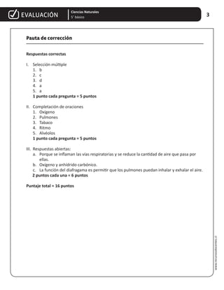 www.recursosdocentes.cl
EVALUACIÓN 3
Ciencias Naturales
5˚ básico
Pauta de corrección
Respuestas correctas
I.	 Selección múltiple
	 1.	 b
	 2.	 c
	 3.	 d
	 4.	 a
	 5.	 a
	 1 punto cada pregunta = 5 puntos
II.	 Completación de oraciones
	 1.	 Oxígeno
	 2.	 Pulmones
	 3.	 Tabaco
	 4.	 Ritmo
	 5.	 Alvéolos
	 1 punto cada pregunta = 5 puntos
III.	 Respuestas abiertas:
	 a.	 Porque se inflaman las vías respiratorias y se reduce la cantidad de aire que pasa por 		
		 ellas.
	 b.	 Oxígeno y anhídrido carbónico.
	 c.	 La función del diafragama es permitir que los pulmones puedan inhalar y exhalar el aire.
2 puntos cada una = 6 puntos
Puntaje total = 16 puntos
 