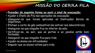 MISSÃO DO CERRA FILA
• Proceder da seguinte forma ao ouvir o sinal de evacuação:
• Ajudar o Chefe de Fila nas operações de evacuação;
• Assegurar-se que foram aplicadas as Instruções Gerais de
Segurança;
• Efetuar o corte do gás combustível (se estiver nos laboratórios);
• Assegurar-se que ninguém fica no interior da sala;
• Certificar-se, ao sair, que as portas e as janelas estão bem
fechadas;
• Assegurar-se que ninguém fica para trás;
• Ajudar os alunos em dificuldades;
• Impedir que os alunos voltem para trás.
Curso Proteção Civil Samuel Alves
 