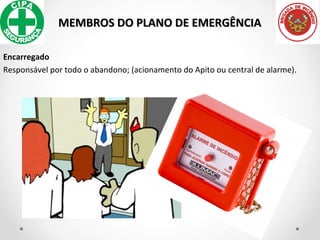 MEMBROS DO PLANO DE EMERGÊNCIAMEMBROS DO PLANO DE EMERGÊNCIA
Encarregado
Responsável por todo o abandono; (acionamento do Apito ou central de alarme).
 