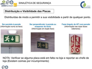 SINALÉTICA DE SEGURANÇA
Distribuição e Visibilidade das Placas
Distribuídas de modo a permitir a sua visibilidade a partir de qualquer ponto.
NOTA: Verificar se alguma placa está em falta na loja e reportar ao chefe de
loja (Existem coimas por incumprimento)
 