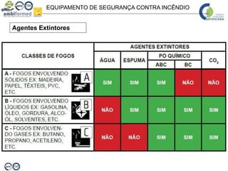 EQUIPAMENTO DE SEGURANÇA CONTRA INCÊNDIO
Agentes Extintores
 