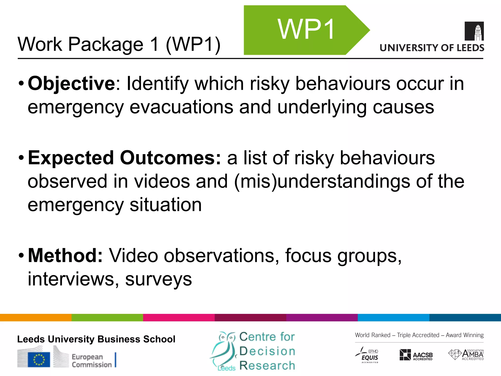 Leeds University Business School
Work Package 1 (WP1)
•Objective: Identify which risky behaviours occur in
emergency evacuations and underlying causes
•Expected Outcomes: a list of risky behaviours
observed in videos and (mis)understandings of the
emergency situation
•Method: Video observations, focus groups,
interviews, surveys
WP1
 