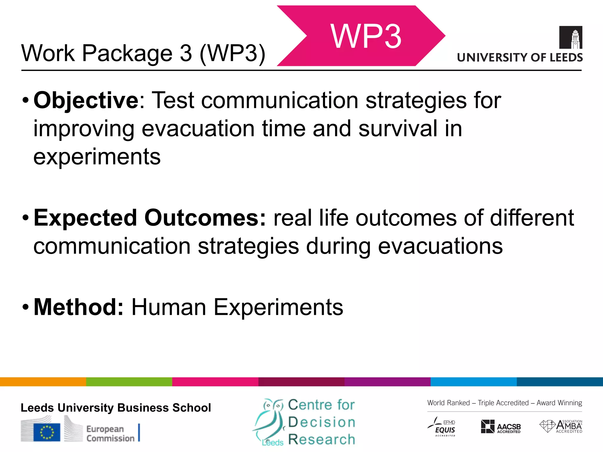 Leeds University Business School
Work Package 3 (WP3)
•Objective: Test communication strategies for
improving evacuation time and survival in
experiments
•Expected Outcomes: real life outcomes of different
communication strategies during evacuations
•Method: Human Experiments
WP3
 