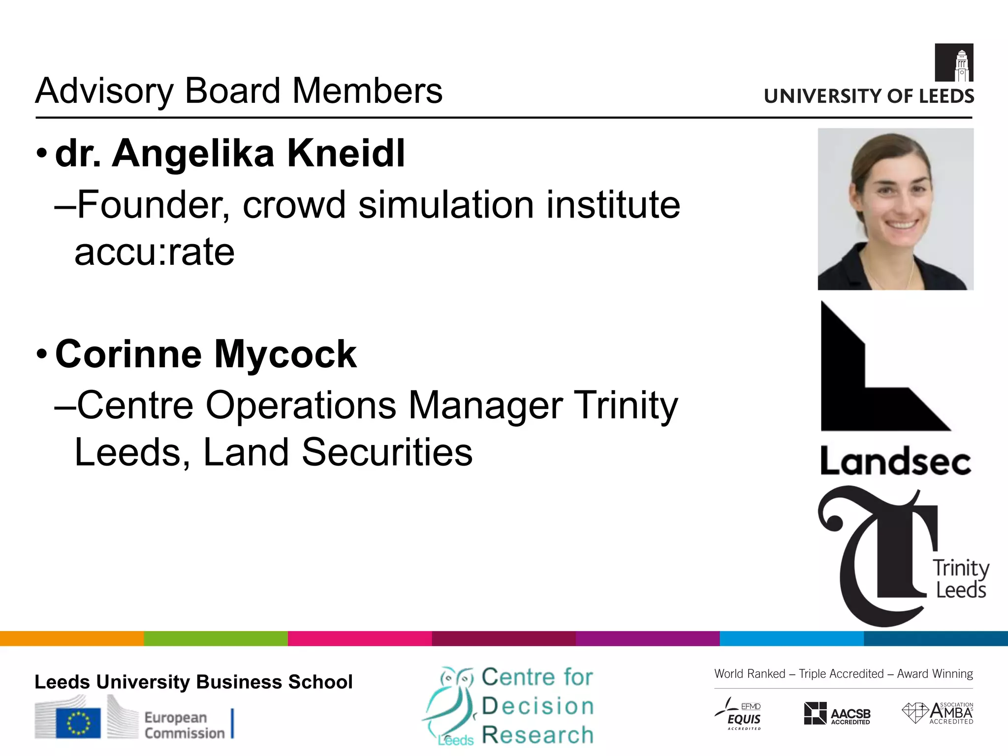 Leeds University Business School
Advisory Board Members
•dr. Angelika Kneidl
‒Founder, crowd simulation institute
accu:rate
•Corinne Mycock
‒Centre Operations Manager Trinity
Leeds, Land Securities
 