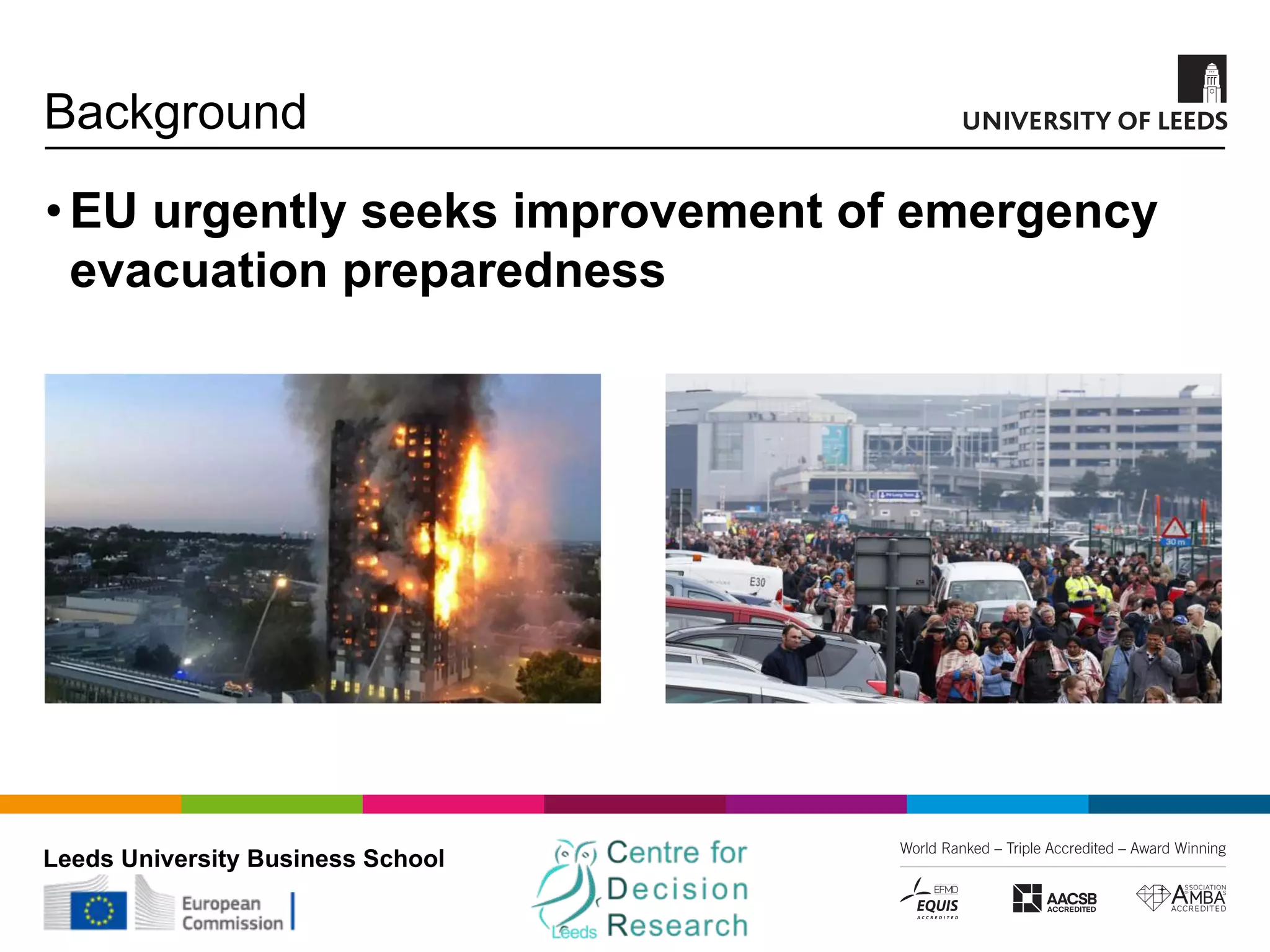 Leeds University Business School
Background
•EU urgently seeks improvement of emergency
evacuation preparedness
 