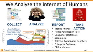 We Analyze the Internet of Humans 
COLLECT ANALYZE REPORT TAKE 
ACTION 
60 
50 
40 
30 
20 
10 
0 
Argus Insights 
Estimat...