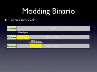 Modding Binario
•    Técnica AvFucker:

    Cabecera                             Cuerpo EXE
               1000 bytes

    Cabecera 0000000000                  Cuerpo EXE
                            1000 bytes

    Cabecera                0000000000   Cuerpo EXE
 