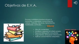 Objetivos de E.V.A.

Proceso multidireccional en el que se
transmiten y adquieren conocimientos,
valores, métodos, técnica...