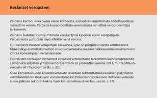 Keskeiset veroasteet
Veroaste kertoo, mikä osuus veron kohteesta, esimerkiksi ansiotulosta, todellisuudessa
maksettiin verona. Veroaste kuvaa todellista verorasitusta nimellisiä veroprosentteja
tarkemmin.
Veroaste lasketaan suhteuttamalla verokertymä kyseisen veron veropohjaan.
Veroasteesta puhutaan myös efektiivisenä verona.
Kun veroaste nousee veropohjan kasvaessa, kyse on progressiivisesta verotuksesta.
Tämä näkyy esimerkiksi valtion ansiotuloverotuksessa, kun palkkasumman kasvaminen
johtaa korkeampaan veroasteeseen.
Yksittäisten verolajien veroasteet kuvaavat verorasitusta tarkemmin kuin veroprosentit.
Esimerkiksi yritysten yhteisöveroprosentti oli 26 prosenttia vuonna 2011, mutta yhteisöveroaste oli 17 prosenttia (ks. s. 33).
Koko kansantalouden kokonaisveroaste lasketaan suhteuttamalla kaikkien pakollisten
veronluonteisten maksujen vuosikertymä bruttokansantuotteeseen. Kokonaisveroaste
kuvaa julkisen sektorin kokoa myös kansainvälisessä vertailussa (ks. s. 37).

 
