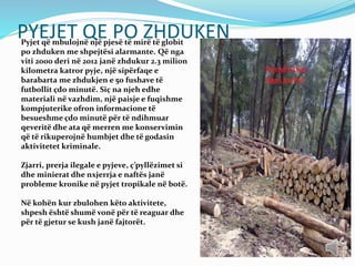 PYEJET QE PO ZHDUKENPyjet që mbulojnë një pjesë të mirë të globit
po zhduken me shpejtësi alarmante. Që nga
viti 2000 deri në 2012 janë zhdukur 2.3 milion
kilometra katror pyje, një sipërfaqe e
barabarta me zhdukjen e 50 fushave të
futbollit çdo minutë. Siç na njeh edhe
materiali në vazhdim, një paisje e fuqishme
kompjuterike ofron informacione të
besueshme çdo minutë për të ndihmuar
qeveritë dhe ata që merren me konservimin
që të rikuperojnë humbjet dhe të godasin
aktivitetet kriminale.
Zjarri, prerja ilegale e pyjeve, ç’pyllëzimet si
dhe minierat dhe nxjerrja e naftës janë
probleme kronike në pyjet tropikale në botë.
Në kohën kur zbulohen këto aktivitete,
shpesh është shumë vonë për të reaguar dhe
për të gjetur se kush janë fajtorët.
 
