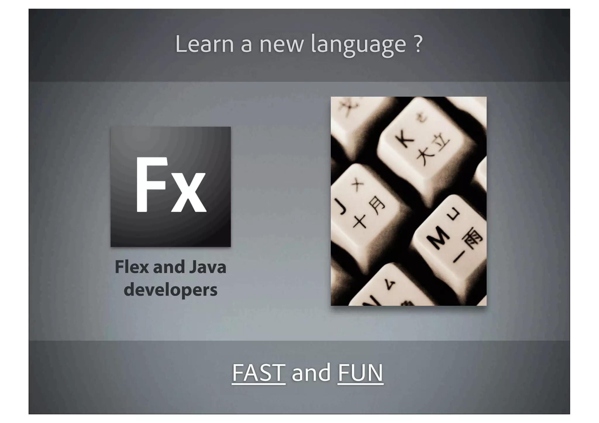 Learn a new language ?




Flex and Java
 developers



                FAST and FUN
 