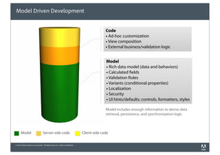 Model Driven Development


                                                                                           Code
                                                                                           • Ad-hoc customization
                                                                                           • View composition
                                                                                           • External business/validation logic


                                                                                           Model
                                                                                           • Rich data model (data and behaviors)
                                                                                           • Calculated elds
                                                                                           • Validation Rules
                                                                                           • Variants (conditional properties)
                                                                                           • Localization
                                                                                           • Security
                                                                                           • UI hints/defaults: controls, formatters, styles

                                                                                           Model includes enough information to derive data
                                                                                           retrieval, persistence, and synchronization logic



      Model                       Server-side code                           Client-side code


© 2010 Adobe Systems Incorporated. All Rights Reserved. Adobe Con dential.
 