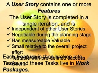 16
A User Story contains one or more
Features
The User Story is completed in a
single iteration, and is
Each Feature is then broken into
Tasks and these Tasks live in Work
Packages.
 Independent of other User Stories
 Negotiable during the planning stage
 Has measureable Valuable
 Small relative to the overall project
effort
 Testable with pre-defined success
criteria
 