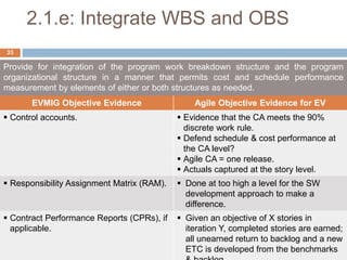2.1.e: Integrate WBS and OBS
Provide for integration of the program work breakdown structure and the program
organizational structure in a manner that permits cost and schedule performance
measurement by elements of either or both structures as needed.
EVMIG Objective Evidence Agile Objective Evidence for EV
 Control accounts.  Evidence that the CA meets the 90%
discrete work rule.
 Defend schedule & cost performance at
the CA level?
 Agile CA = one release.
 Actuals captured at the story level.
 Responsibility Assignment Matrix (RAM).  Done at too high a level for the SW
development approach to make a
difference.
 Contract Performance Reports (CPRs), if
applicable.
 Given an objective of X stories in
iteration Y, completed stories are earned;
all unearned return to backlog and a new
ETC is developed from the benchmarks
33
 