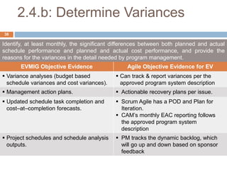 2.4.b: Determine Variances
Identify, at least monthly, the significant differences between both planned and actual
schedule performance and planned and actual cost performance, and provide the
reasons for the variances in the detail needed by program management.
EVMIG Objective Evidence Agile Objective Evidence for EV
 Variance analyses (budget based
schedule variances and cost variances).
 Can track & report variances per the
approved program system description
 Management action plans.  Actionable recovery plans per issue.
 Updated schedule task completion and
cost–at–completion forecasts.
 Scrum Agile has a POD and Plan for
Iteration.
 CAM’s monthly EAC reporting follows
the approved program system
description
 Project schedules and schedule analysis
outputs.
 PM tracks the dynamic backlog, which
will go up and down based on sponsor
feedback
38
 