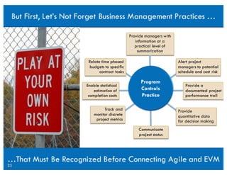 Provide managers with
information at a
practical level of
summarization
Relate time phased
budgets to specific
contract tasks
Enable statistical
estimation of
completion costs
Track and
monitor discrete
project metrics
Communicate
project status
Provide
quantitative data
for decision making
Provide a
documented project
performance trail
Alert project
managers to potential
schedule and cost risk
23
 