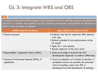 GL 3: Integrate WBS and OBS
Provide for integration of the program work breakdown structure and the program organizational
structure in a manner that permits cost and schedule performance measurement by elements of
either or both structures as needed.
EVMIG Objective Evidence Agile Objective Evidence for EV
§ Control accounts. § Evidence that the CA meets the 90% discrete
work rule.
§ Defend schedule & cost performance at the
CA level?
§ Agile CA = one release.
§ Actuals captured at the story level.
§ Responsibility Assignment Matrix (RAM). § Done at too high a level for the SW
development approach to make a difference.
§ Contract Performance Reports (CPRs), if
applicable.
§ Given an objective of X stories in iteration Y,
completed stories are earned; all unearned
return to backlog and a new ETC is
developed from the benchmarks & backlog.
32
 