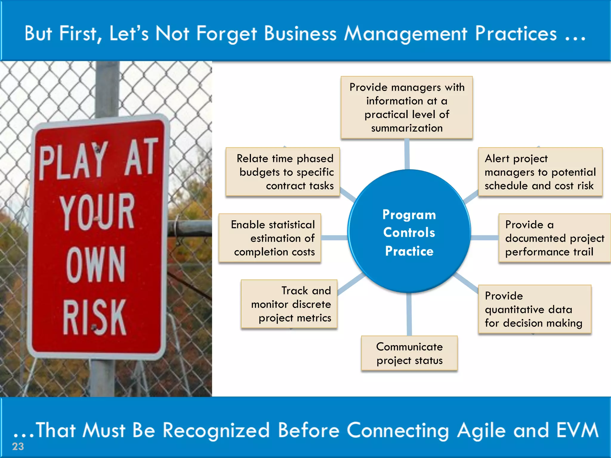 Provide managers with
information at a
practical level of
summarization
Relate time phased
budgets to specific
contract tasks
Enable statistical
estimation of
completion costs
Track and
monitor discrete
project metrics
Communicate
project status
Provide
quantitative data
for decision making
Provide a
documented project
performance trail
Alert project
managers to potential
schedule and cost risk
23
 