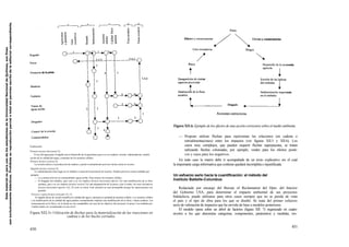 Este material es para uso de los estudiantes de la Universidad Nacional de Quilmes, sus fines
son exclusivamente didácticos. Prohibida su reproducción parcial o total sin permiso escrito de la editorial correspondiente.

Figura XI1.6. Ejemplo de los efectos de una acción correctora sobre el medio ambiente.

Explicación
Primera lectura horizontal (1)
El uso del agua para el regadío trae el desarrollo de la agricultura que a su vez implica, erosión, sedimentación, modificación de la calidad del agua y aumento de los arrastres sólidos.
Primera lectura vertical (2)
La erosión afecta a la producción de madera y puede eventualmente preverse lucha contra la erosión.
Segunda lectura vertical (3)
La sedimentación tiene lugar en el embalse a causa de la presencia de la presa. Pueden preverse ciertas medidas por
ejemplo:
— La construcción de un contraembalse aguas arriba. Para retener los arrastres sólidos,
— El dragado del embalse, pero este a su vez implica (lectura horizontal inferior (3)) una modificación de la flora
acuática, que a su vez implica (lectura vertical (3)) una desaparición de la pesca y por lo tanto, los usos recreativos
(lectura horizontal superior (3)). El ciclo se cierra. Esta solución no será aconsejable porque las repercusiones son
grandes.
Tercera y cuarta lectura verticales (4 y 5)
El regadío factor de erosión modifica la calidad del agua y aumenta la cantidad de arrastres sólidos. Los arrastres sólidos
y la modificación de la calidad del agua pueden eventualmente implicar una modificación de la flora y fauna acuática. Las
consecuencias en la flora y en la fauna no son compatibles con uno de los objetivos del proyecto: la pesca. Las medidas previsibles deben ser consideradas en este nivel.

Figura XEL5» Utilización de flechas para la materialización de las reacciones en
cadena y de los bucles cerrados.

450

— Propone utilizar flechas para representar las relaciones (en cadena o
retroalimentaciones) entre los impactos (ver figuras XII.5 y XII.6). Los
casos muy complejos, que pueden requerir flechas superpuestas, se tratan
utilizando flechas coloreadas, por ejemplo, verdes para los efectos positivos y rojos para los negativos.
En todo caso la matriz debe ir acompañada de un texto explicativo sin el cual
la importante carga informativa que contiene quedará incompleta e injustificada.
Un esfuerzo serio hacia la cuantificación: el método del
Instituto Battelle-Columbus
Redactado por encargo del Bureau of Reclamation del Dpto. del Interior
del Gobierno USA, para determinar el impacto ambiental de sus proyectos
hidráulicos, puede utilizarse para otros casos siempre que no se pierda de vista
el país y el tipo de obra para los que se diseñó. Se trata del primer esfuerzo
serio de valoración de impactos que ha servido de base a modelos posteriores.
El modelo opera sobre un árbol de factores (figura XII. 7) organizado en cuatro
niveles a los que denomina categorías, componentes, parámetros y medidas, res-

451

 