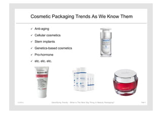 Cosmetic Packaging Trends As We Know Them

                   Anti-aging

                   Cellular cosmetics
                   Stem implants

                   Genetics-based cosmetics

                   Pro-hormone
                   etc. etc. etc.




11/29/12	
                       Identifying Trends - What is The Next Big Thing in Beauty Packaging?	
     Page	
  5	
  
 