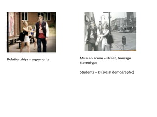 Relationships – arguments   Mise en scene – street, teenage
                            stereotype

                            Students – D (social demographic)
 