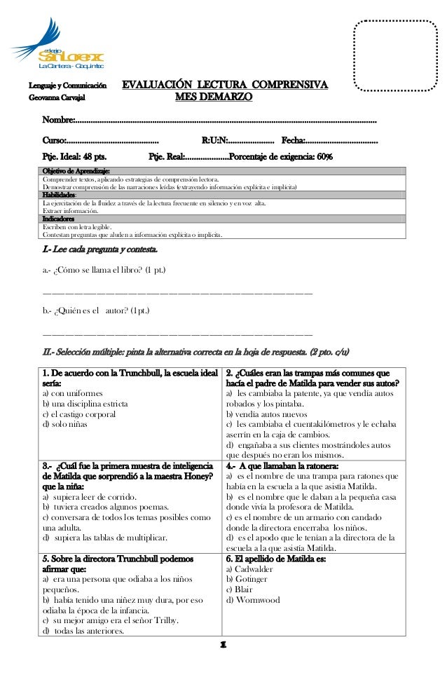 Evaluación Comprensión lectora "Matilda" 4º