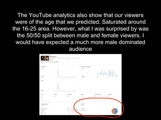 The YouTube analytics also show that our viewers
were of the age that we predicted. Saturated around
the 16-25 area. However, what I was surprised by was
the 50/50 split between male and female viewers. I
would have expected a much more male dominated
audience
 