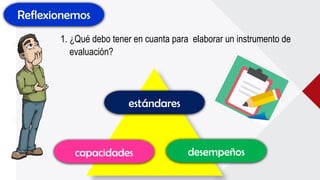 Reflexionemos
1. ¿Qué debo tener en cuanta para elaborar un instrumento de
evaluación?
estándares
capacidades desempeños
 