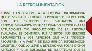 LA RETROALIMENTACION
CONSISTE EN DEVOLVER A LA PERSONA , INFORMACION
QUE DESCRIBA SUS LOGROS O PROGRESOS EN REALCION
CON LOS CRITERIOS DE EVALUACION. UNA
RETROALIMENTACION ES EFICAZ CUANDO SE OBSERVA LAS
ACTUACIONES Y/O PRODUCCIONES DE LA PERSONA
EVALUADA, SE IDENTIFICA SUS ACIERTOS, SUS ERRORES
RECURRENTES Y LOS ASPECTOS QUE MAS ATENCION
REQUIEREN; Y A PARTIR DE ELLO BRINDA INFORMACION
OPORTUNA QUE LO LLEVE A REFLEXIONAR SOBRE DICHOS
ASPECTOS Y A LA BUSQUEDA DE ESTRATEGIAS QUE LE
 