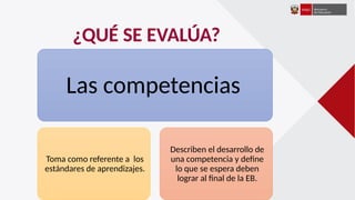 ¿QUÉ SE EVALÚA?
Las competencias
Toma como referente a los
estándares de aprendizajes.
Describen el desarrollo de
una competencia y define
lo que se espera deben
lograr al final de la EB.
 