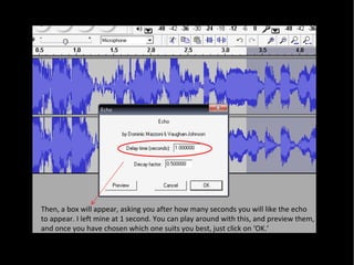 Then, a box will appear, asking you after how many seconds you will like the echo to appear. I left mine at 1 second. You can play around with this, and preview them, and once you have chosen which one suits you best, just click on ‘OK.’ 