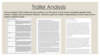 Trailer Analysis
I did an analysis of film trailers that were similar to our film genre to find out the: similarities between them,
content in trailers and conventions followed. I did this to give me a better understanding of what I need to do to
create an effective trailer.
 