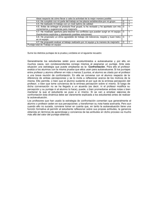 ideas respecto de cómo llevar a cabo la actividad de la mejor manera posible.
4.4. He cumplido con mi parte del trabajo en los plazos establecidos por mi grupo 0 1
4.5. He realizado mi trabajo con un nivel óptimo de calidad 0 1
4.6. Antes de entregar el producto final grupal, lo he revisado y he aportado con mis
comentarios y sugerencias para mejorarlo
0 1
4.7. He mostrado apertura para resolver los conflictos que puedan surgir en mi equipo
(haciéndolos explícitos y planteando posibles soluciones)
0 1
4.8. He propiciado un clima agradable de trabajo (de tolerancia, respeto y buen trato)
en mi equipo.
0 1
4.7. He propuesto evaluar el trabajo realizado por mi equipo y la manera de mejorarlo 0 1
Puntaje total de Trabajo en equipo
Sume los distintos puntajes de la prueba y anótelos en el siguiente recuadro:
Generalmente los estudiantes están poco acostumbrados a autoevaluarse y por ello, en
muchos casos, son condescendientes consigo mismos al asignarse un puntaje. Ante esta
situación una estrategia que puede emplearse es la Confrontación. Para ello el profesor
evalúa a los alumnos con la misma prueba que ellos usan para autoevaluarse. Si los puntajes
entre profesor y alumno difieren en más o menos 3 puntos, el alumno es citado por el profesor
a una breve reunión de confrontación. En ella se conversa con el alumno respecto de la
diferencia de ambas percepciones y se lo invita a reflexionar acerca de los motivos de la
misma. Ello permite, o bien que el alumno sustente el por qué de la errónea percepción del
profesor, o bien que tome conciencia de la errónea percepción sobre sí mismo. Si luego de
dicha conversación no se ha llegado a un acuerdo (es decir, ni el profesor modifica su
percepción y su puntaje ni el alumno lo hace), puede, o bien promediarse ambas notas o bien
mantener la que el estudiante se puso a sí mismo. Si se van a emplear sesiones de
confrontación esta dinámica debe ser claramente explicada a los estudiantes antes de realizar
la autoevaluación.
Los profesores que han usado la estrategia de confrontación comentan que generalmente el
alumno o profesor ceden en sus percepciones y transforman su nota hasta acercarla. Pero aun
cuando ello no suceda, conviene tomar en cuenta que, en tanto la autoevaluación tiene una
función formativa al permitir al estudiante reflexionar sobre sus propias actitudes, la ganancia
obtenida en términos de aprendizaje y conciencia de las actitudes en dicho proceso va mucho
más allá del valor del puntaje obtenido.
 