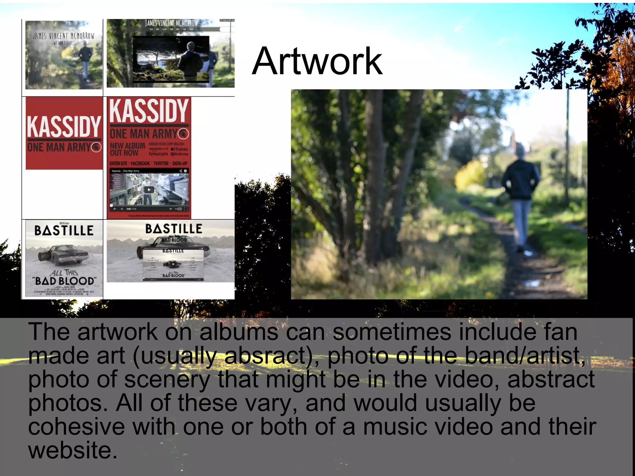 Artwork

The artwork on albums can sometimes include fan
made art (usually absract), photo of the band/artist,
photo of scenery that might be in the video, abstract
photos. All of these vary, and would usually be
cohesive with one or both of a music video and their
website.

 