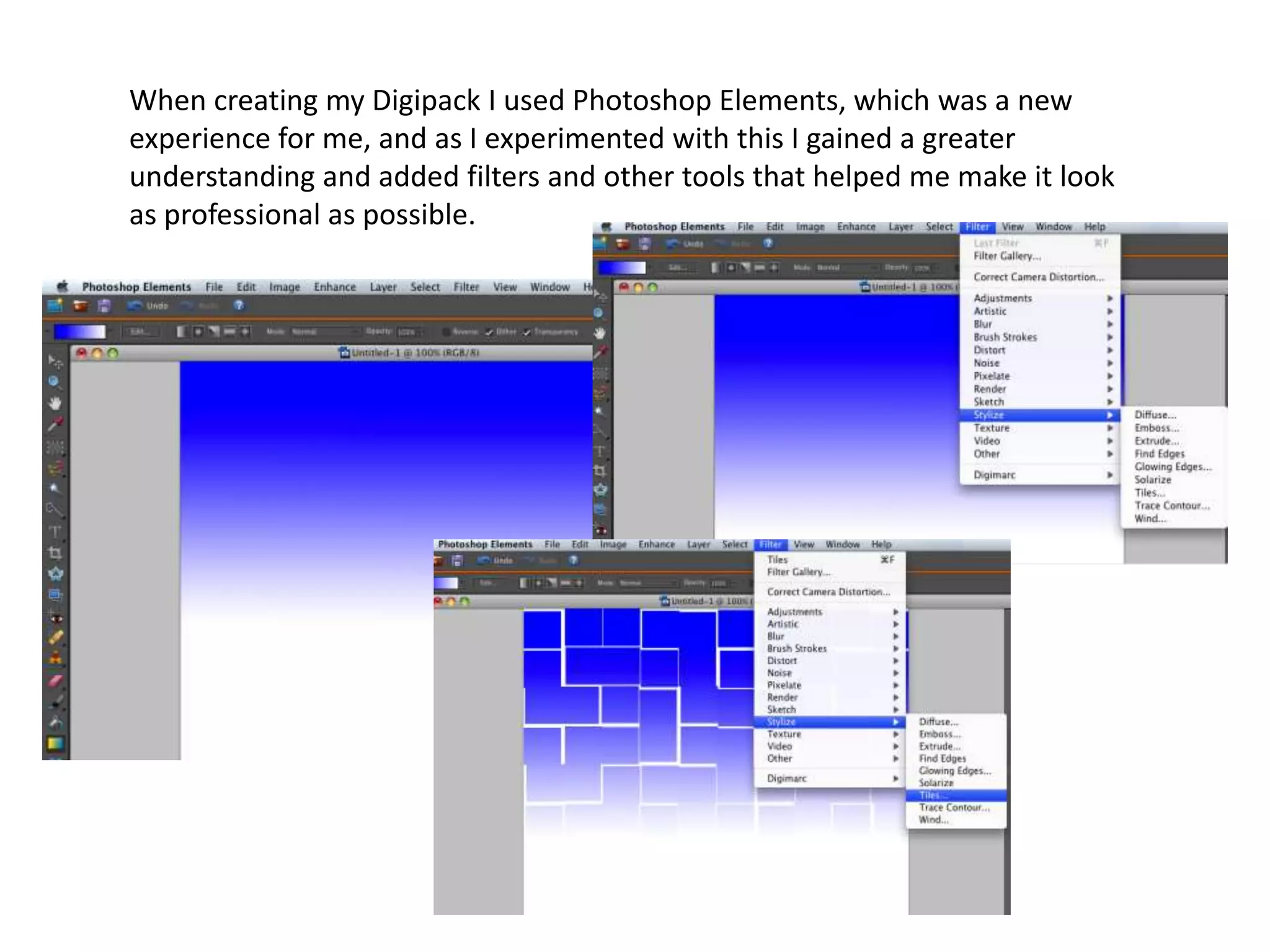 When creating my Digipack I used Photoshop Elements, which was a new experience for me, and as I experimented with this I gained a greater understanding and added filters and other tools that helped me make it look as professional as possible.