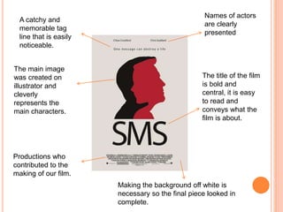 Names of actors
are clearly
presented
A catchy and
memorable tag
line that is easily
noticeable.
The main image
was created on
illustrator and
cleverly
represents the
main characters.
The title of the film
is bold and
central, it is easy
to read and
conveys what the
film is about.
Productions who
contributed to the
making of our film.
Making the background off white is
necessary so the final piece looked in
complete.
 