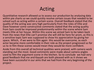 Acting
Quantitative research allowed us to assess our production by analysing data
within pie charts so we could quickly resolve certain issues that needed to be
solved such as acting within a certain scene. Overall feedback stated that the
quality of the acting was very high particularly from the roles of Ellie and
Dave however some constructive comments stated that the acting quality
from Sam could be improved predominantly within the scene where Sam
meets Ellie at her house. Within this scene we aimed Sam to be taken back
from the news that Ellie can’t promise she will still be here for prom, as this is
a sensitive topic Sam was supposed to show his appreciation by giving her
space. Which, if we were to film again this would be overcome, as each
actor became more comfortable in their role as the project progressed so for
us to re film these scenes would mean they would be more confident.
Aside from this overall all technical qualities were praised, with camera work
standing out the most. Good comments were made about camera angles
used to film the argument scene in the kitchen. So to conclude we had very
good feedback that me and Kayyah are both pleased with as it shows we
have been successful in our aims that we had from the very beginning of the
project.
 