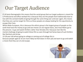 Our Target Audience
C1-B Socio Demographic this means that the social group that our target audience is meant for
is Professional and office worked this is because they are the people that traditionally have to
live with the constant battle of going through the same thing over and over again, this means
that they are a prime target for films as these people are always looking for the opuntiionty to
escape their lives.
White-Male-European, this is because this ethnic group is the largest group of people on the
earth that have the money to go and see movies on are regular basis, also most Males go to
the pictures to go and watch thrillers rather than females this I because men like the
mental challenge of going to watch these film as seen through hot fames base of such thrillers
like Sherlock and Arrow.
13-18 year old whose going to college or coming out of college this is
because people aged at 16 are more likely tot feel down in their job and want to go and watch
a movie that they can sit and escape.
 