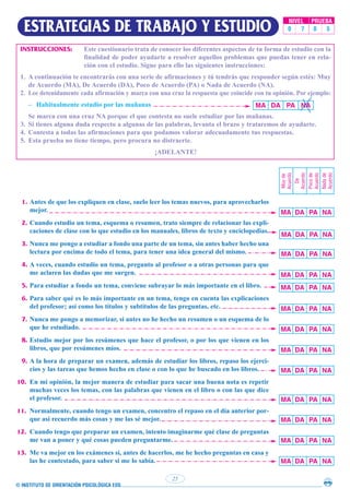© INSTITUTO DE ORIENTACIÓN PSICOLÓGICA EOS
25
ESTRATEGIAS DE TRABAJO Y ESTUDIO
INSTRUCCIONES: Este cuestionario trata de conocer los diferentes aspectos de tu forma de estudio con la
finalidad de poder ayudarte a resolver aquellos problemas que puedas tener en rela-
ción con el estudio. Sigue para ello las siguientes instrucciones:
1. A continuación te encontrarás con una serie de afirmaciones y tú tendrás que responder según estés: Muy
de Acuerdo (MA), De Acuerdo (DA), Poco de Acuerdo (PA) o Nada de Acuerdo (NA).
2. Lee detenidamente cada afirmación y marca con una cruz la respuesta que coincide con tu opinión. Por ejemplo:
– Habitualmente estudio por las mañanas
Se marca con una cruz NA porque el que contesta no suele estudiar por las mañanas.
3. Si tienes alguna duda respecto a algunas de las palabras, levanta el brazo y trataremos de ayudarte.
4. Contesta a todas las afirmaciones para que podamos valorar adecuadamente tus respuestas.
5. Esta prueba no tiene tiempo, pero procura no distraerte.
¡ADELANTE!
1. Antes de que los expliquen en clase, suelo leer los temas nuevos, para aprovecharlos
mejor.
2. Cuando estudio un tema, esquema o resumen, trato siempre de relacionar las expli-
caciones de clase con lo que estudio en los manuales, libros de texto y enciclopedias.
3. Nunca me pongo a estudiar a fondo una parte de un tema, sin antes haber hecho una
lectura por encima de todo el tema, para tener una idea general del mismo.
4. A veces, cuando estudio un tema, pregunto al profesor o a otras personas para que
me aclaren las dudas que me surgen.
5. Para estudiar a fondo un tema, conviene subrayar lo más importante en el libro.
6. Para saber qué es lo más importante en un tema, tengo en cuenta las explicaciones
del profesor; así como los títulos y subtítulos de las preguntas, etc.
7. Nunca me pongo a memorizar, si antes no he hecho un resumen o un esquema de lo
que he estudiado.
8. Estudio mejor por los resúmenes que hace el profesor, o por los que vienen en los
libros, que por resúmenes míos.
9. A la hora de preparar un examen, además de estudiar los libros, repaso los ejerci-
cios y las tareas que hemos hecho en clase o con lo que he buscado en los libros.
10. En mi opinión, la mejor manera de estudiar para sacar una buena nota es repetir
muchas veces los temas, con las palabras que vienen en el libro o con las que dice
el profesor.
11. Normalmente, cuando tengo un examen, concentro el repaso en el día anterior por-
que así recuerdo más cosas y me las sé mejor.
12. Cuando tengo que preparar un examen, intento imaginarme qué clase de preguntas
me van a poner y qué cosas pueden preguntarme.
13. Me va mejor en los exámenes si, antes de hacerlos, me he hecho preguntas en casa y
las he contestado, para saber si me lo sabía.
MA DA PA NA
MA DA PA NA
MA DA PA NA
MA DA PA NA
MA DA PA NA
MA DA PA NA
MA DA PA NA
MA DA PA NA
MA DA PA NA
MA DA PA NA
MA DA PA NA
MA DA PA NA
MA DA PA NA
MA DA PA NA
Muy
de
Acuerdo
De
Acuerdo
Poco
de
Acuerdo
Nada
de
Acuerdo
NIVEL PRUEBA
0 7 0 5
 