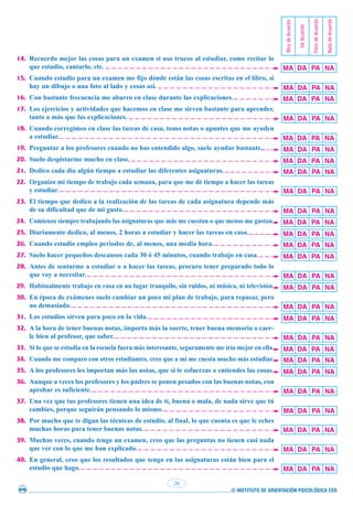 © INSTITUTO DE ORIENTACIÓN PSICOLÓGICA EOS
26
MA DA PA NA
Muy
de
Acuerdo
De
Acuerdo
Poco
de
Acuerdo
Nada
de
Acuerdo
MA DA PA NA
MA DA PA NA
MA DA PA NA
MA DA PA NA
MA DA PA NA
MA DA PA NA
MA DA PA NA
MA DA PA NA
MA DA PA NA
MA DA PA NA
MA DA PA NA
MA DA PA NA
MA DA PA NA
MA DA PA NA
MA DA PA NA
MA DA PA NA
MA DA PA NA
MA DA PA NA
MA DA PA NA
MA DA PA NA
MA DA PA NA
MA DA PA NA
MA DA PA NA
MA DA PA NA
MA DA PA NA
MA DA PA NA
14. Recuerdo mejor las cosas para un examen si uso trucos al estudiar, como recitar lo
que estudio, cantarlo, etc.
15. Cuando estudio para un examen me fijo dónde están las cosas escritas en el libro, si
hay un dibujo o una foto al lado y cosas así.
16. Con bastante frecuencia me aburro en clase durante las explicaciones.
17. Los ejercicios y actividades que hacemos en clase me sirven bastante para aprender,
tanto o más que las explicaciones.
18. Cuando corregimos en clase las tareas de casa, tomo notas o apuntes que me ayuden
a estudiar.
19. Preguntar a los profesores cuando no has entendido algo, suele ayudar bastante.
20. Suelo despistarme mucho en clase.
21. Dedico cada día algún tiempo a estudiar las diferentes asignaturas.
22. Organizo mi tiempo de trabajo cada semana, para que me dé tiempo a hacer las tareas
y estudiar.
23. El tiempo que dedico a la realización de las tareas de cada asignatura depende más
de su dificultad que de mi gusto.
24. Comienzo siempre trabajando las asignaturas que más me cuestan o que menos me gustan.
25. Diariamente dedico, al menos, 2 horas a estudiar y hacer las tareas en casa.
26. Cuando estudio empleo periodos de, al menos, una media hora.
27. Suelo hacer pequeños descansos cada 30 ó 45 minutos, cuando trabajo en casa.
28. Antes de sentarme a estudiar o a hacer las tareas, procuro tener preparado todo lo
que voy a necesitar.
29. Habitualmente trabajo en casa en un lugar tranquilo, sin ruidos, ni música, ni televisión.
30. En época de exámenes suelo cambiar un poco mi plan de trabajo, para repasar, pero
no demasiado.
31. Los estudios sirven para poco en la vida.
32. A la hora de tener buenas notas, importa más la suerte, tener buena memoria o caer-
le bien al profesor, que saber.
33. Si lo que se estudia en la escuela fuera más interesante, seguramente me iría mejor en ella.
34. Cuando me comparo con otros estudiantes, creo que a mí me cuesta mucho más estudiar.
35. A los profesores les importan más las notas, que si te esfuerzas o entiendes las cosas.
36. Aunque a veces los profesores y los padres se ponen pesados con las buenas notas, con
aprobar es suficiente.
37. Una vez que tus profesores tienen una idea de tí, buena o mala, de nada sirve que tú
cambies, porque seguirán pensando lo mismo.
38. Por mucho que te digan las técnicas de estudio, al final, lo que cuenta es que le eches
muchas horas para tener buenas notas.
39. Muchas veces, cuando tengo un examen, creo que las preguntas no tienen casi nada
que ver con lo que me han explicado.
40. En general, creo que los resultados que tengo en las asignaturas están bien para el
estudio que hago.
 